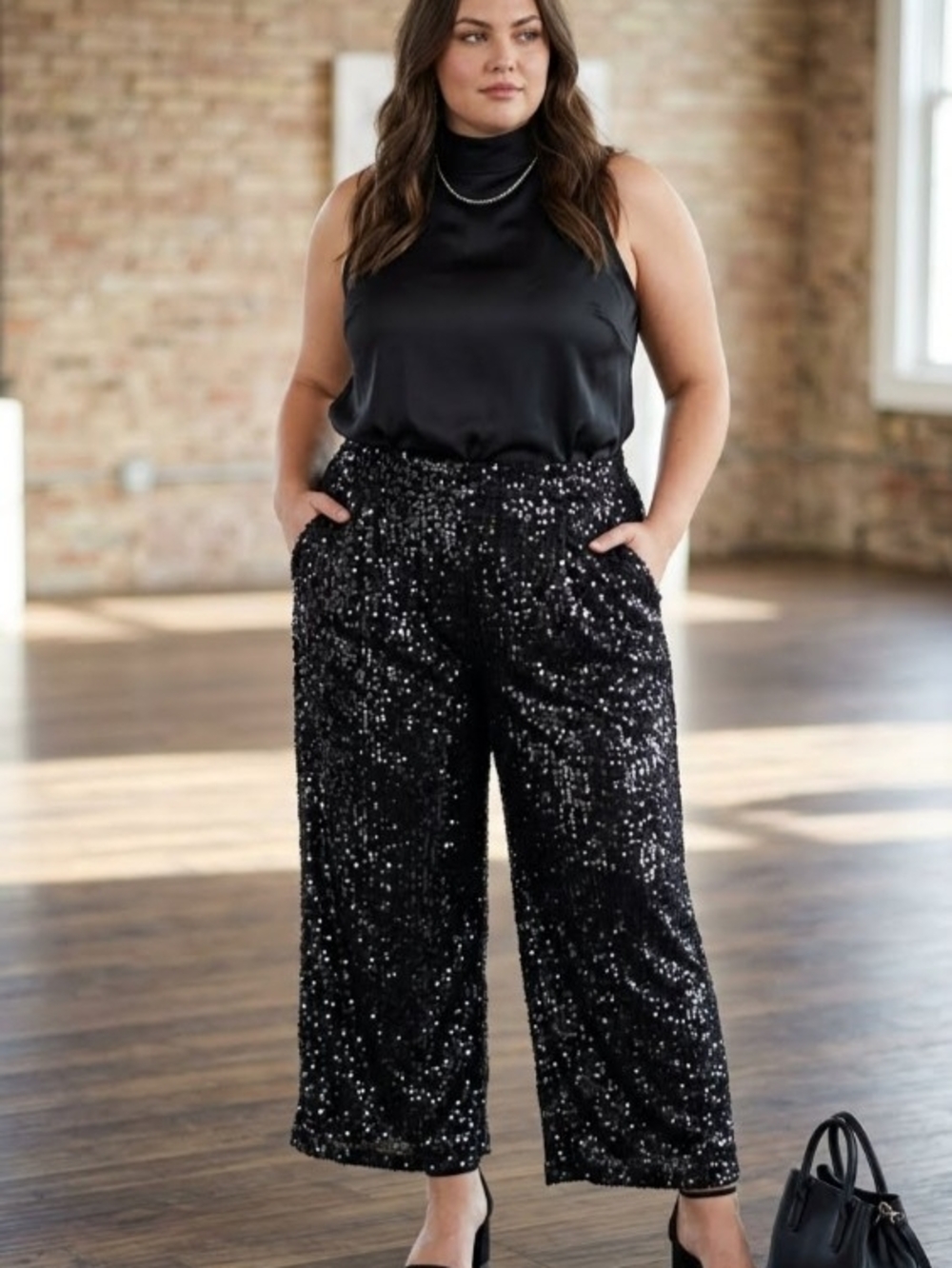 Plus Size Black Sequin Wide-Leg Pants Size 2X